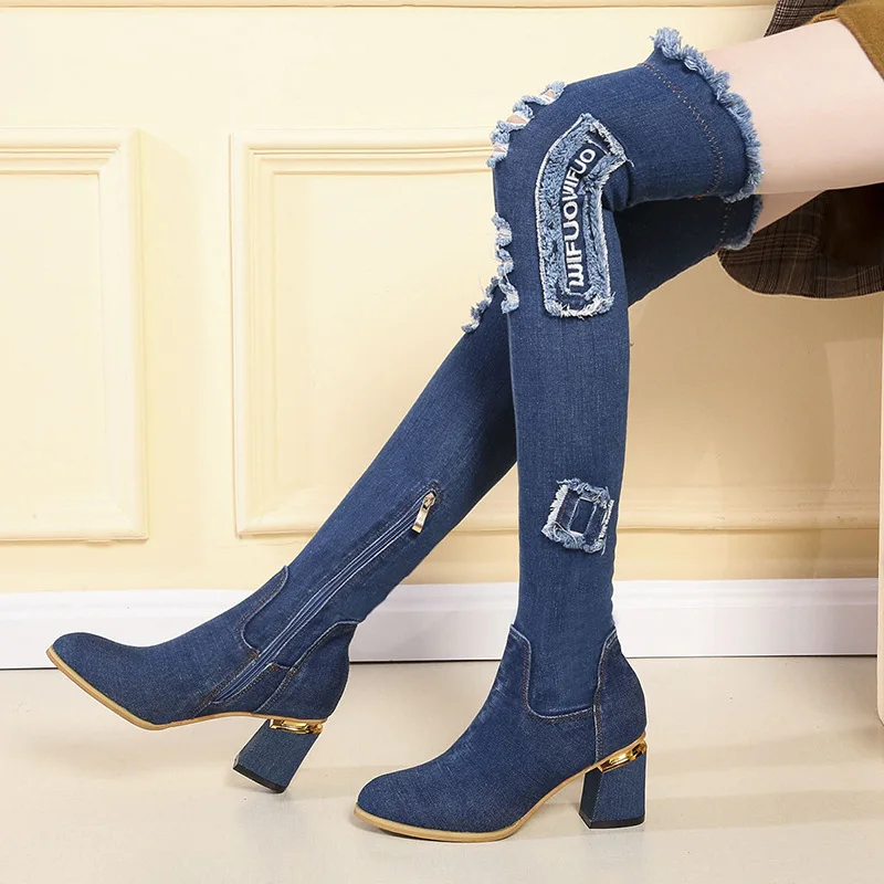 

New Women Martin Boots Fashion Stretch Cloth Over-the-Knee Chunky High Heels Hollow Side Zip Comfort High Boots Over Knee Boots
