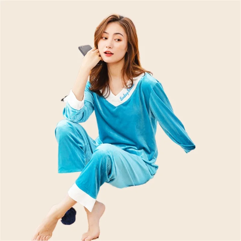 Velvet Pajamas Set Full Sleeve T-shirt Long Pants 2Piece/Set Soft Pyjama Big Size Mom Sexy V-Neck Homewear Cozy Plus Sleepwear