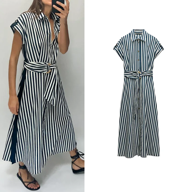 Za Spring New Lapel Curling Short Sleeve with Belt Linen Blend Stripes Midi Skirt Dress 2783775 |