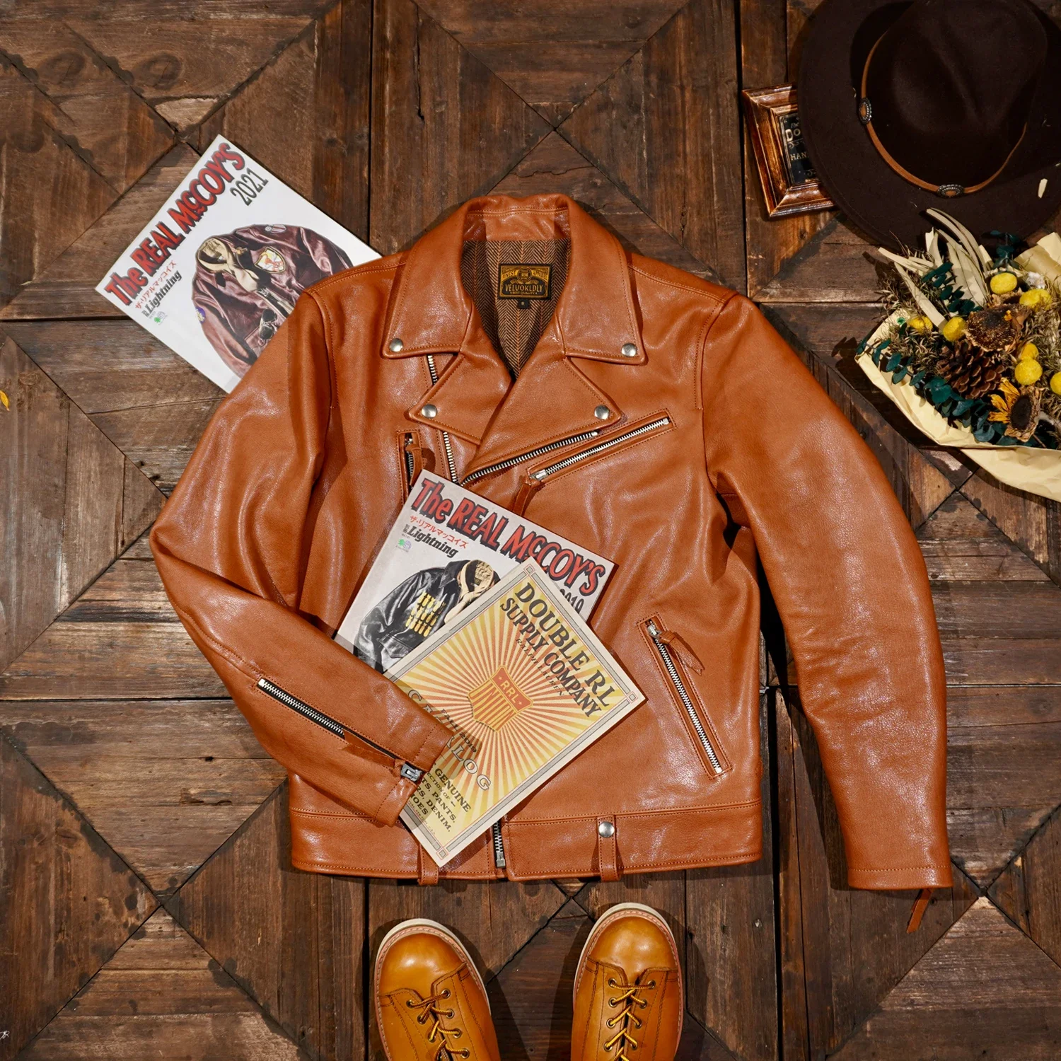 Мужская короткая двойная куртка из натуральной кожи Ri*der без покрытия мытой