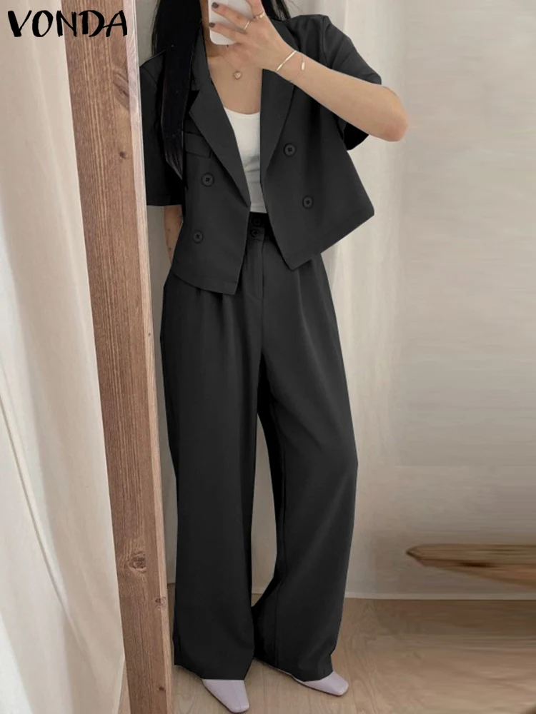 

Костюм VONDA женский летний с брюками-клеш, стильный модный однотонный комплект из блузки с коротким рукавом и брюк с широкими штанинами