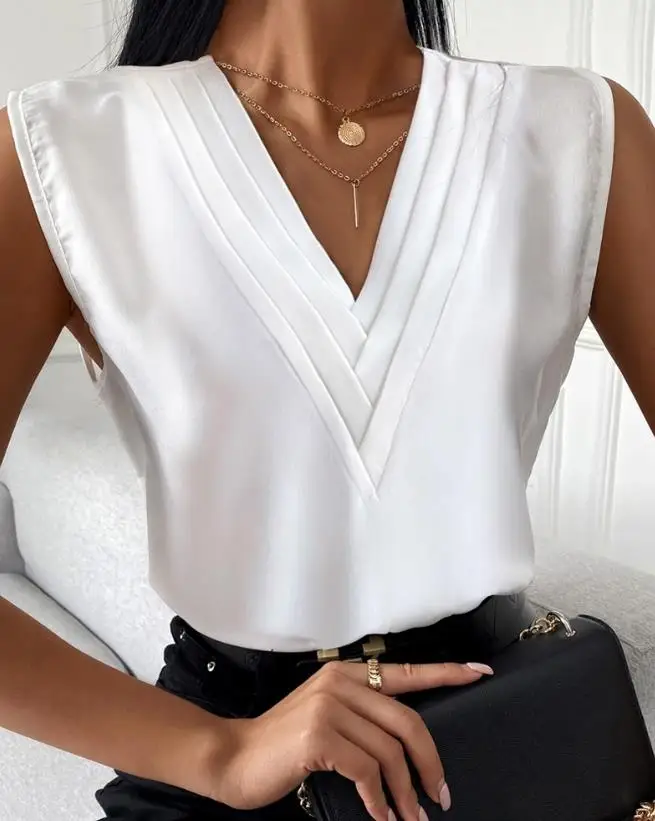 

2023 Summer New Casual Women's Commuter Top Fashion Elegant V-Neck Ruched Front V-Neck Sleeveless Top Office Ottd