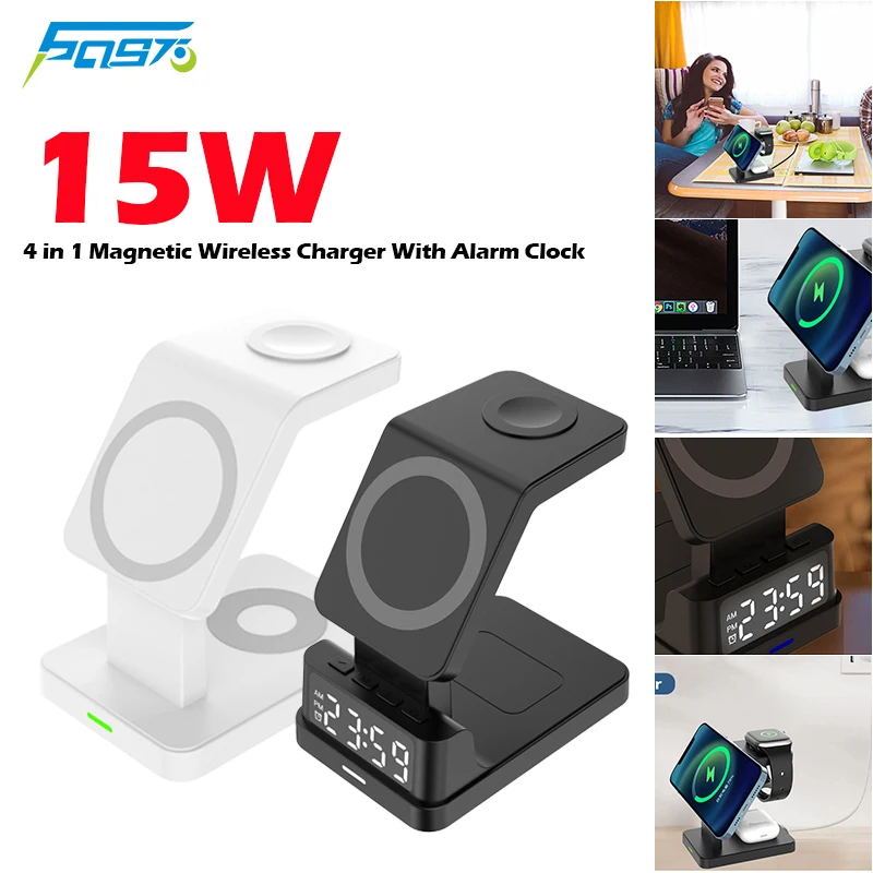 

4 in 1 Magnetic Wireless Charger 15W Type C to iPhone 12 14 Mini Pro Max Stand White Airpods Apple Watch 2 3 4 5 6 7 SE Charging