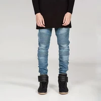 mens stretch motorcycle skinny jeans hip hop blue denim pants personality pleated stitching feet dance pants