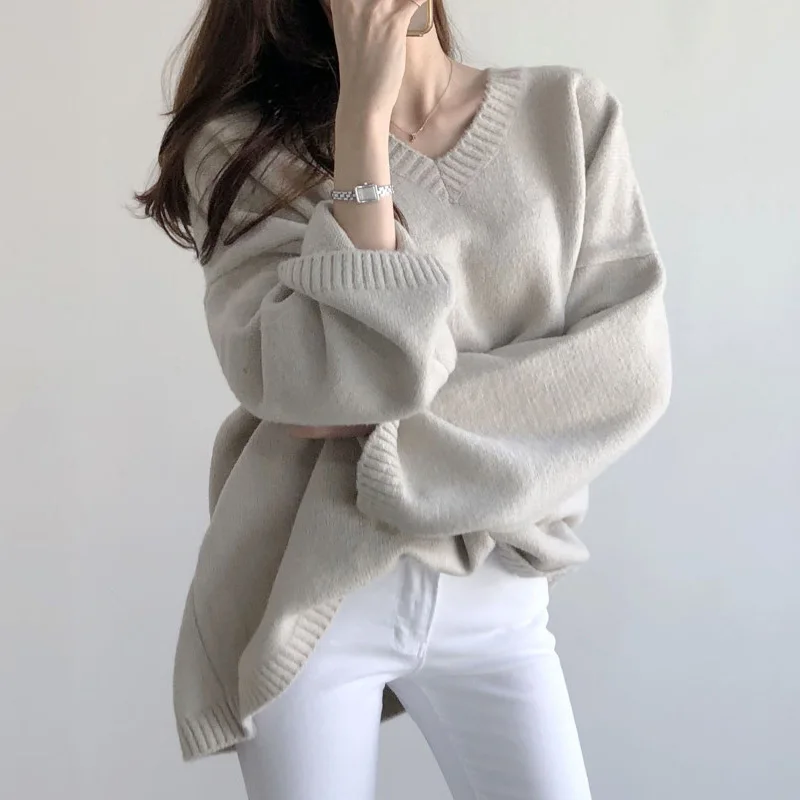 Women's Mid Length V-Neck Solid Sweater Pullover Black White Loose Casual Knit Sweater Womens Winter Sweaters