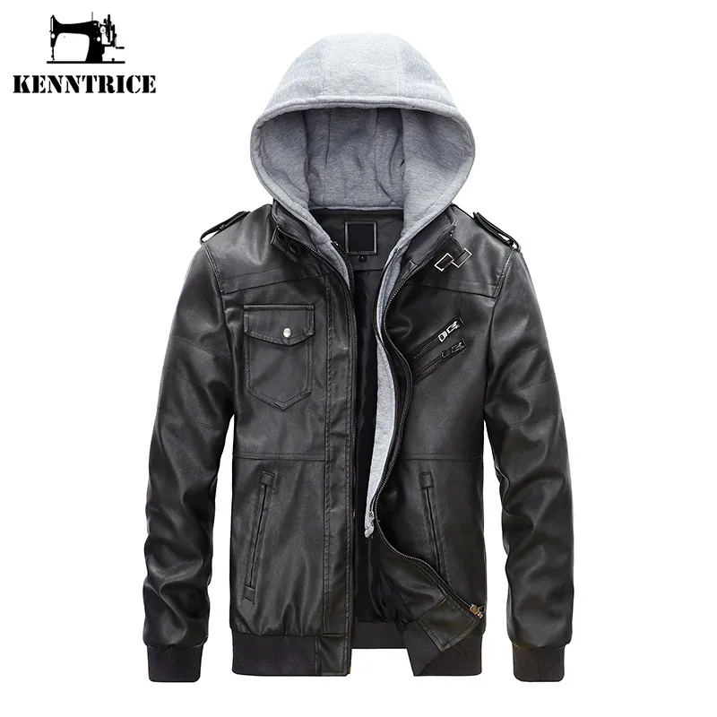 

Kenntrice Winter Men PU Leather Jackets Classic Vintage Hooded Jacket Fashion Trend Korean Style Wild Outerwear Mens Clothing