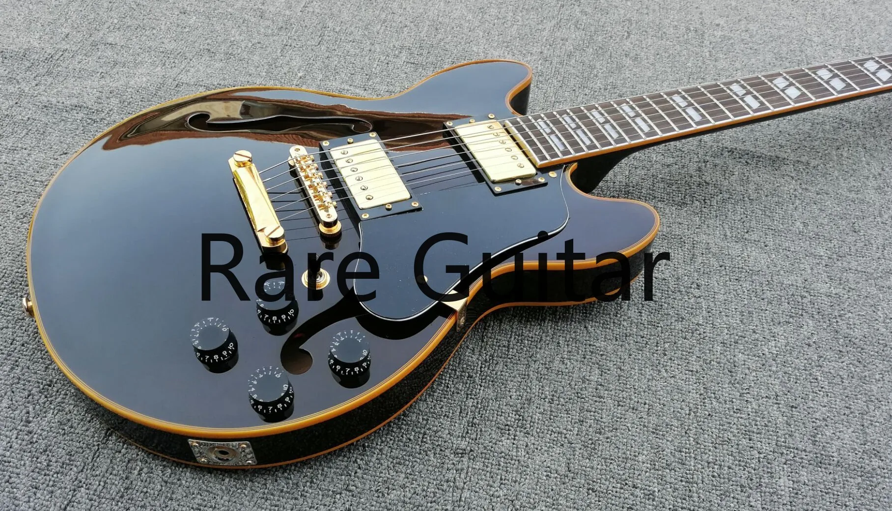 

Rhxflame Custom 1959 339 Semi Hollow Body Black Jazz Guitar Double F Holes, Yellow Body Binding, Double Slash Fretboard Inlay
