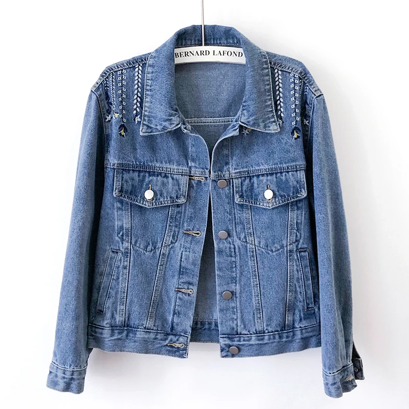 

Vintage Wash Blue Embroidery Denim Jacket Coat Women Slim Short Cowboy Outerwear Autumn Korean Big Pocket Jeans Jackets Female