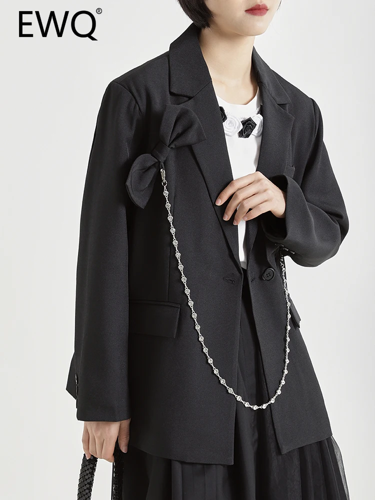 

EWQ Chain Bow Design High Street Blazer For Women Solid Notched Single Breasted Long Sleeve Loose Coat 2023 Spring New 26D1438