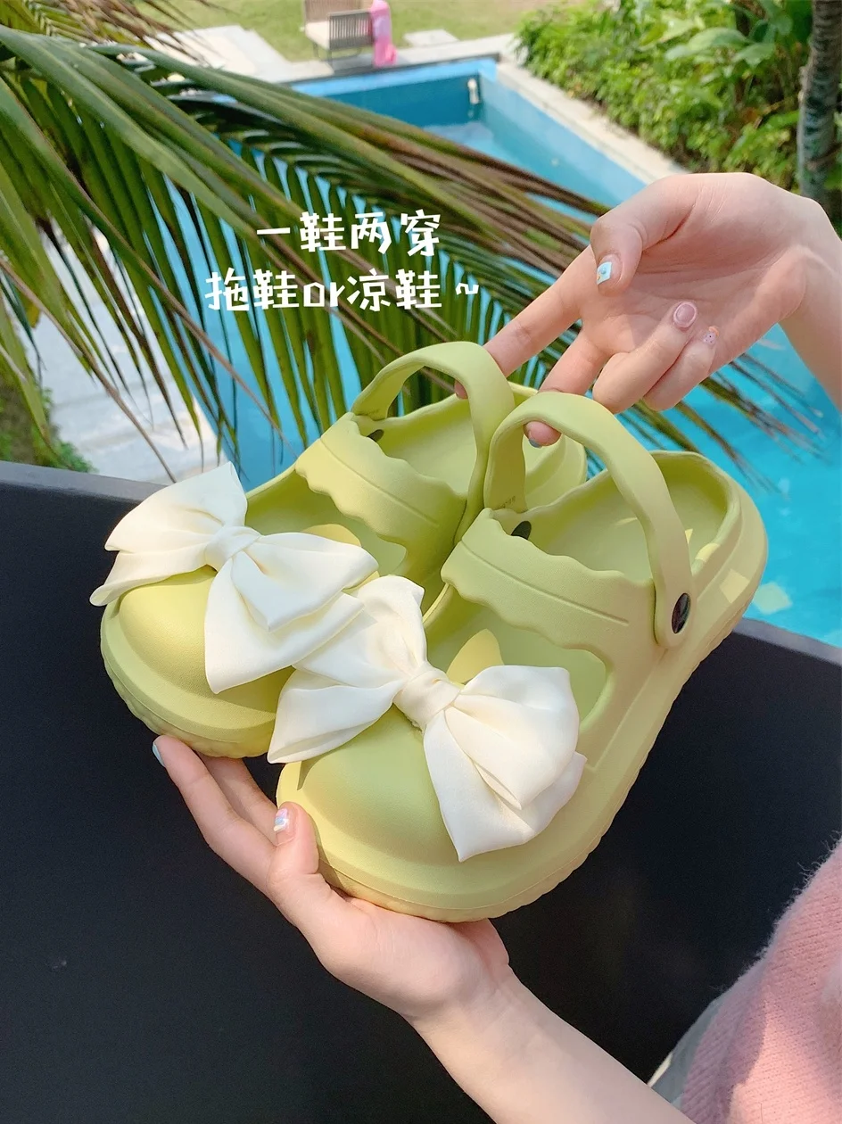 

Lovely Bow Sandals Female 2023 Summer DIY Hole Garden Shoes Outwear EVA Soft Sole Mary Jane Sandals Women's Slippers