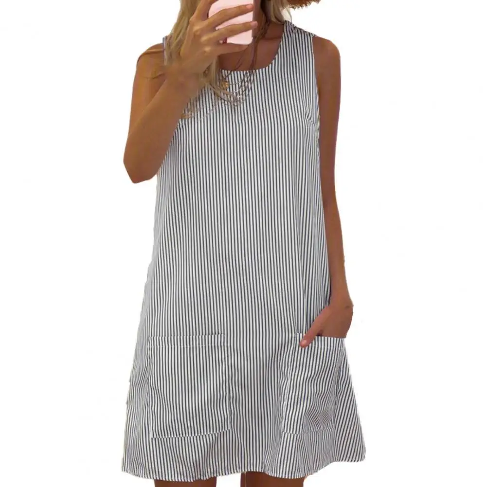 

Женское свободное мини-платье в полоску, элегантное вечернее платье без рукавов с круглым вырезом и карманами, лето 2022