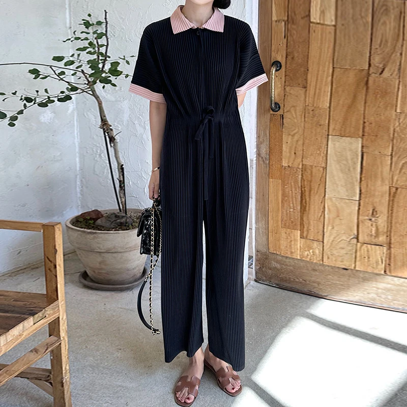 Clothland Women Elegant Pleated Jumpsuit Turn Down Collar Short Sleeve Drawstring Tie One Piece Playsuit KA345