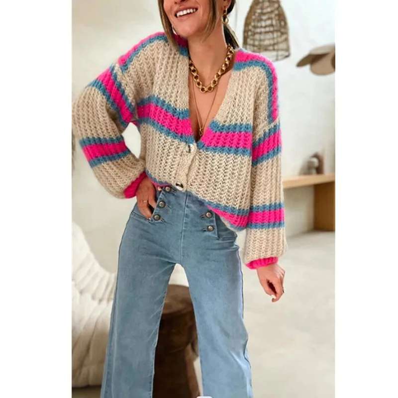 

Женский однобортный Кардиган в полоску, контрастный лоскутный кардиган контрастных цветов с V-образным вырезом и рукавами-фонариками, Осен...