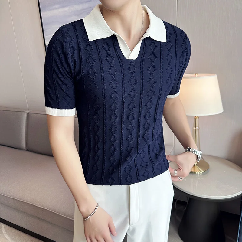 

Men's Clothing Luxury Diamond Check Knitted Polo Shirt Casual Striped Jacquard Color Match Short Sleeve Tees for Men Breathable