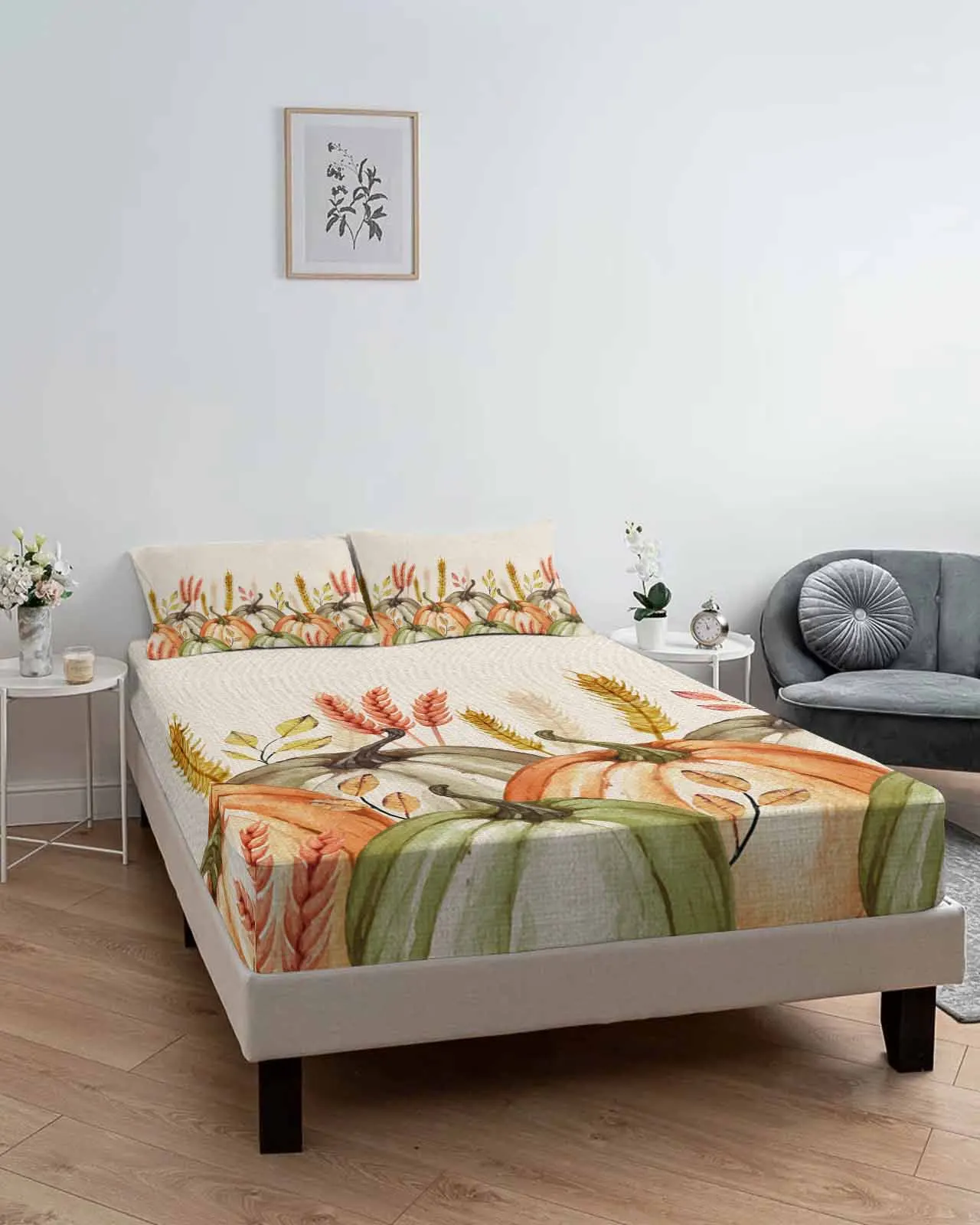 Наматрасник с пшеничной шипкой и тыквой акварелью Королевский размер эластичная