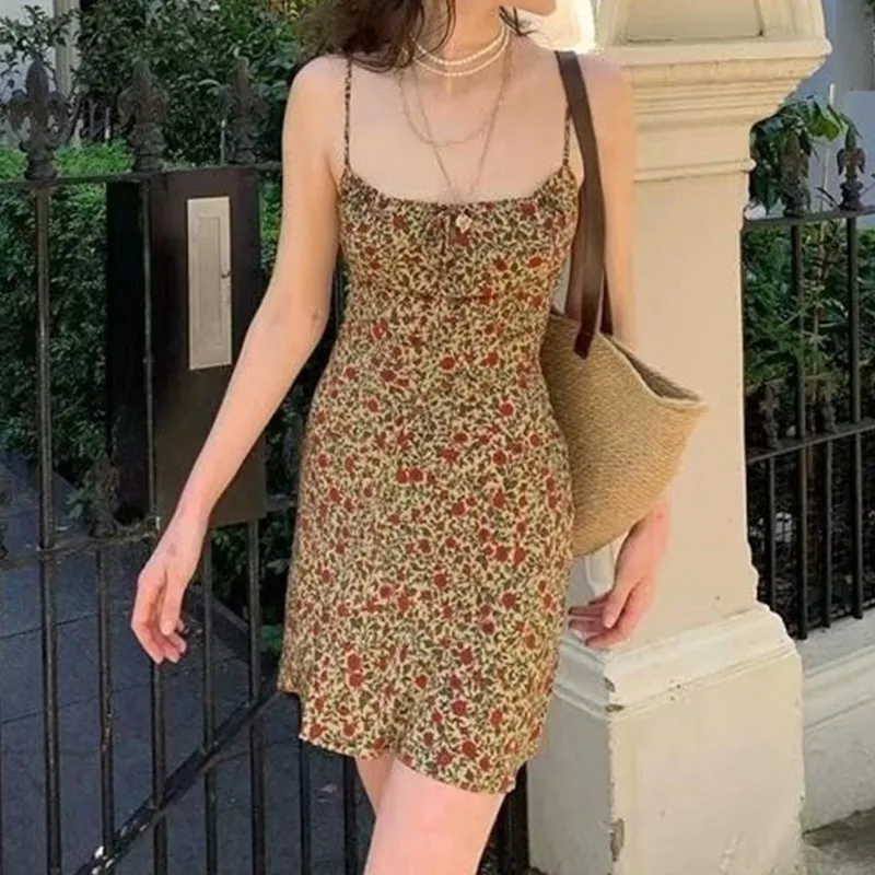 

2021 Summer Brown Floral Print Backless Sling Dress Summer Woman Adjust Spaghetti Strap Short Dresses Beach Holiday Vestidos