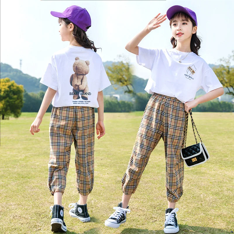 

100% Cotton Tee Bear Girl Suit 4-6y7-12y 2022 New Summer Casual Two Piece Set Baby Girls Clothes