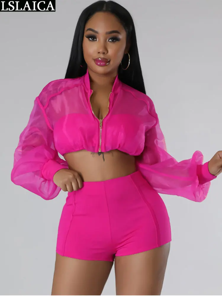 

Сексуальная Женская одежда, сетчатая одежда, женская летняя одежда с длинным рукавом, укороченный топ, женская одежда, комплект из 2 предметов, короткий костюм, Новинка