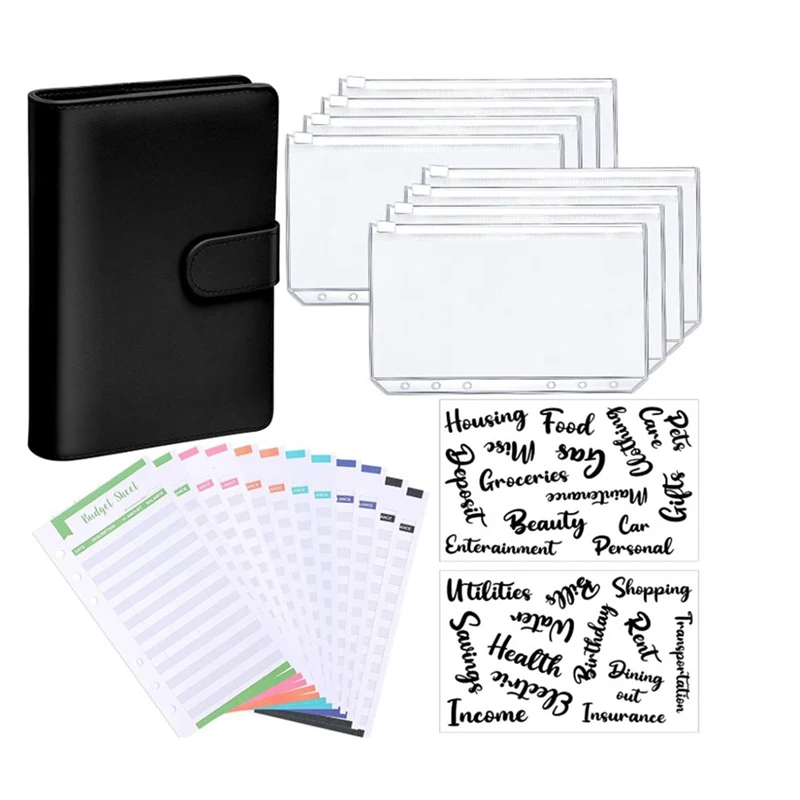 

A6 PU Leather Notebook Binder Budget Planning Notepad, 6 Ring Binder Sleeves, 8 Binder Pockets, For Bill Planning