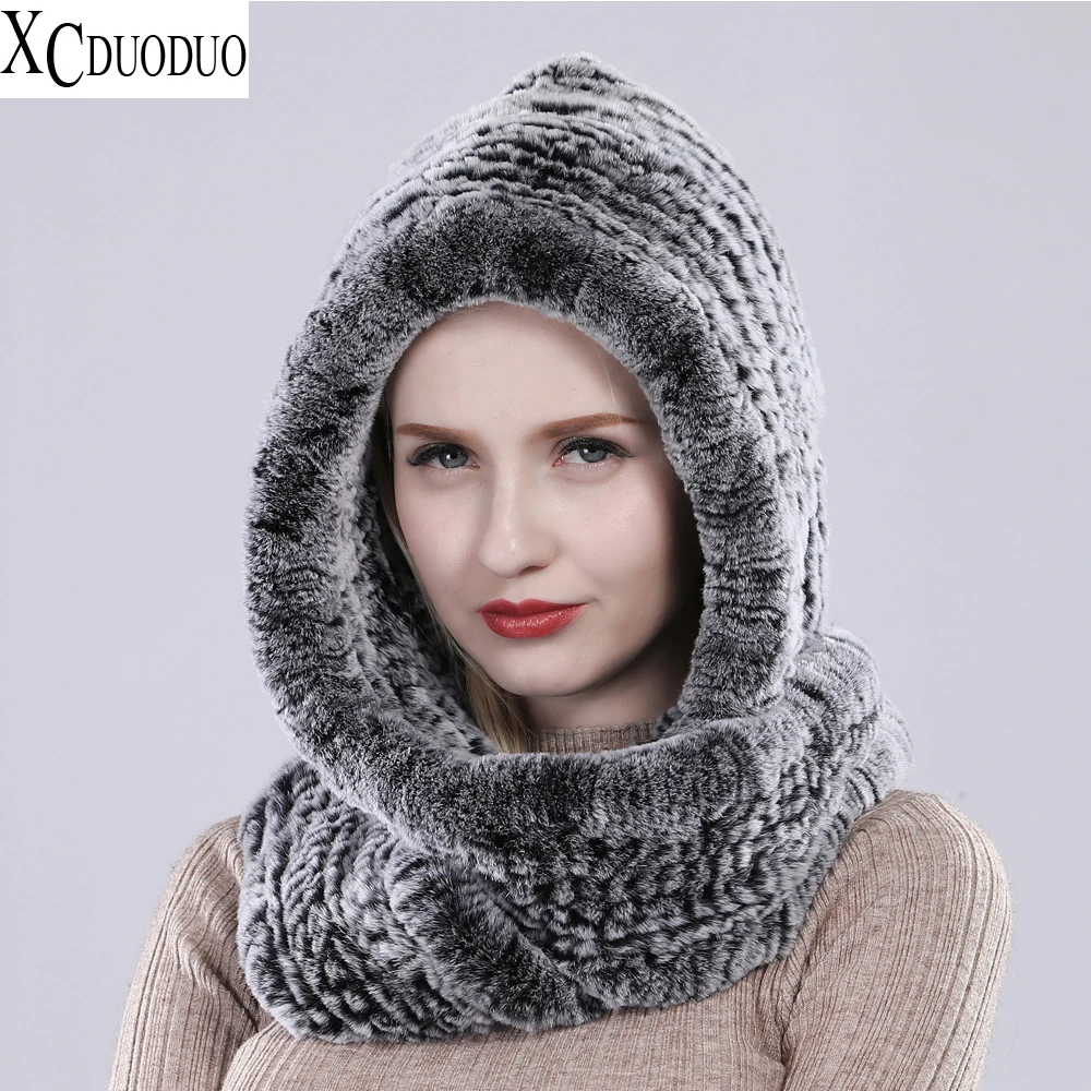 

2023 New Winter Outdoor Women Real Rex Rabbit Fur Hat+Scarf Natural Warm Rex Rabbit Fur Hat Russia Lady 100% Genuine Fur Scarves