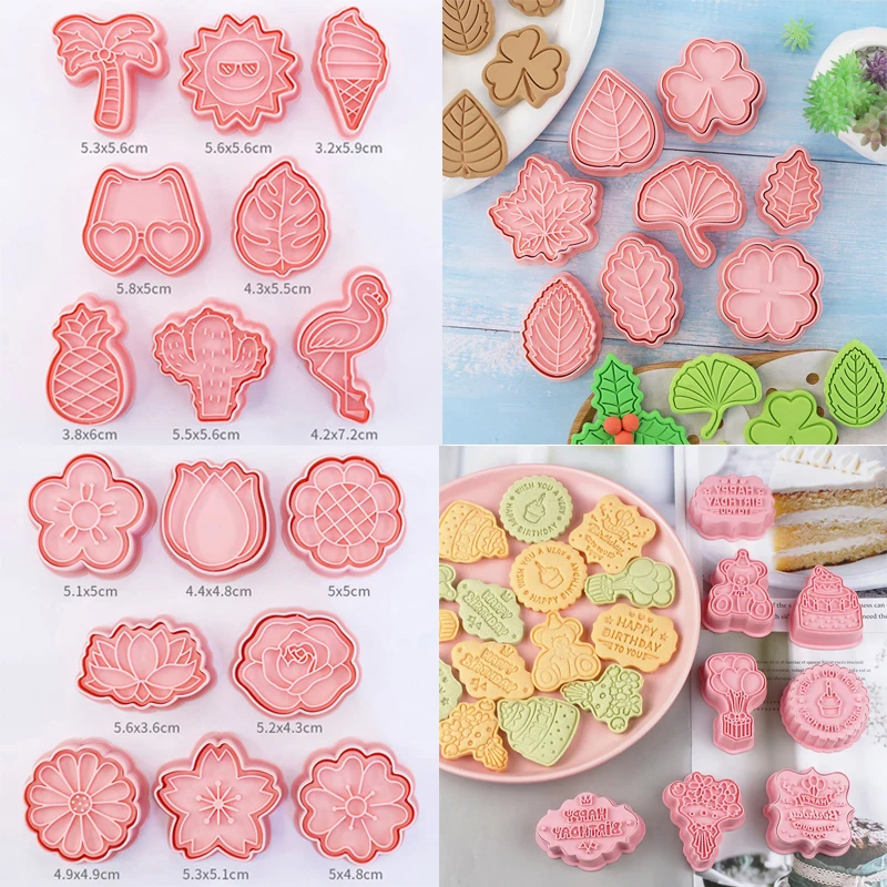 

8pcs Birthday Cookie Cutters Plastic 3D Flower Shape Unicorn Pressable Biscuit Mold Cookie Stamp Kitchen Baking Pastry Bakeware