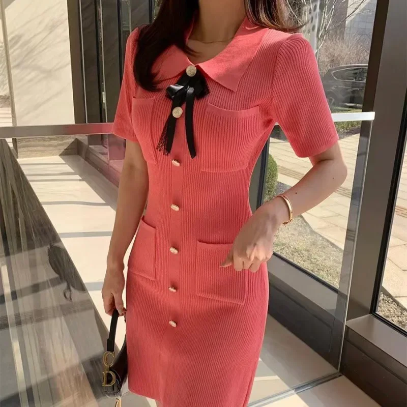 3-цветное корейское трикотажное платье INSVintagetweed с бантом и воротником-поло