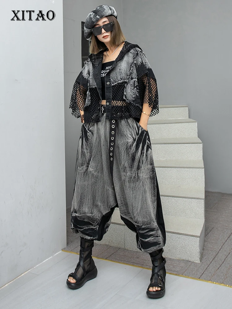 

Женский комплект из двух предметов XITAO, винтажный Модный сетчатый лоскутный топ с одной грудью, эластичная резинка на талии, длинные штаны, 2023, WLD11265