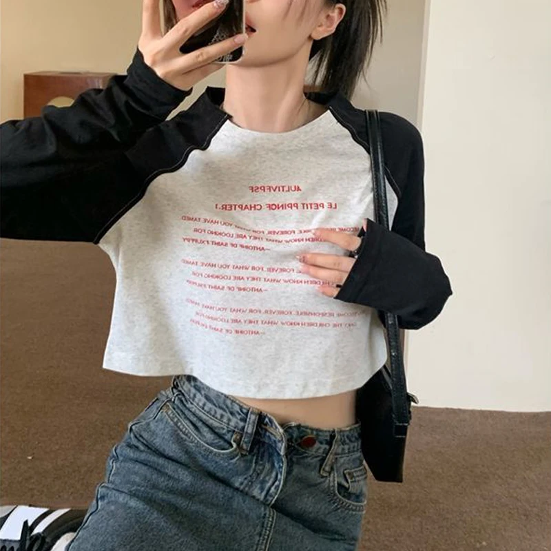 

Letter T-shirt Woman Patchwork Crop Top Korean Style Short Sleeve Tees Y2k Streetwear T Shirts for Ladies Loose Tshirt Clothes