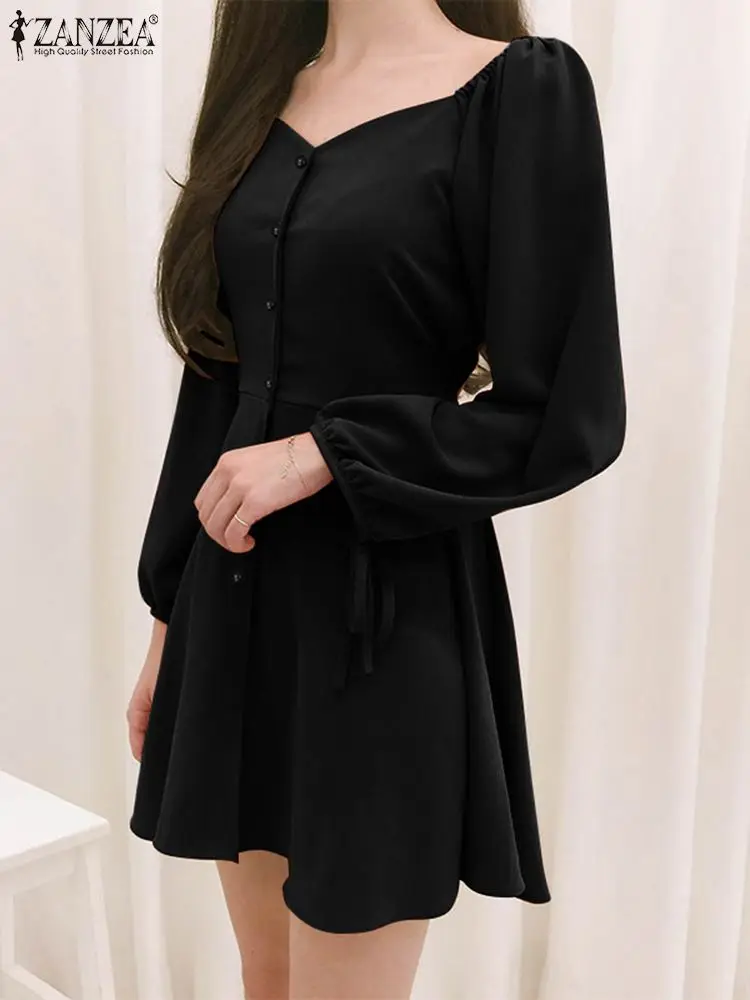 

Women Solid Color Mini Dresses ZANZEA Elegant Waisted Buttons Dress Fashion Heart Collar Vestidos Bohemian Puff Long Sleeve Robe