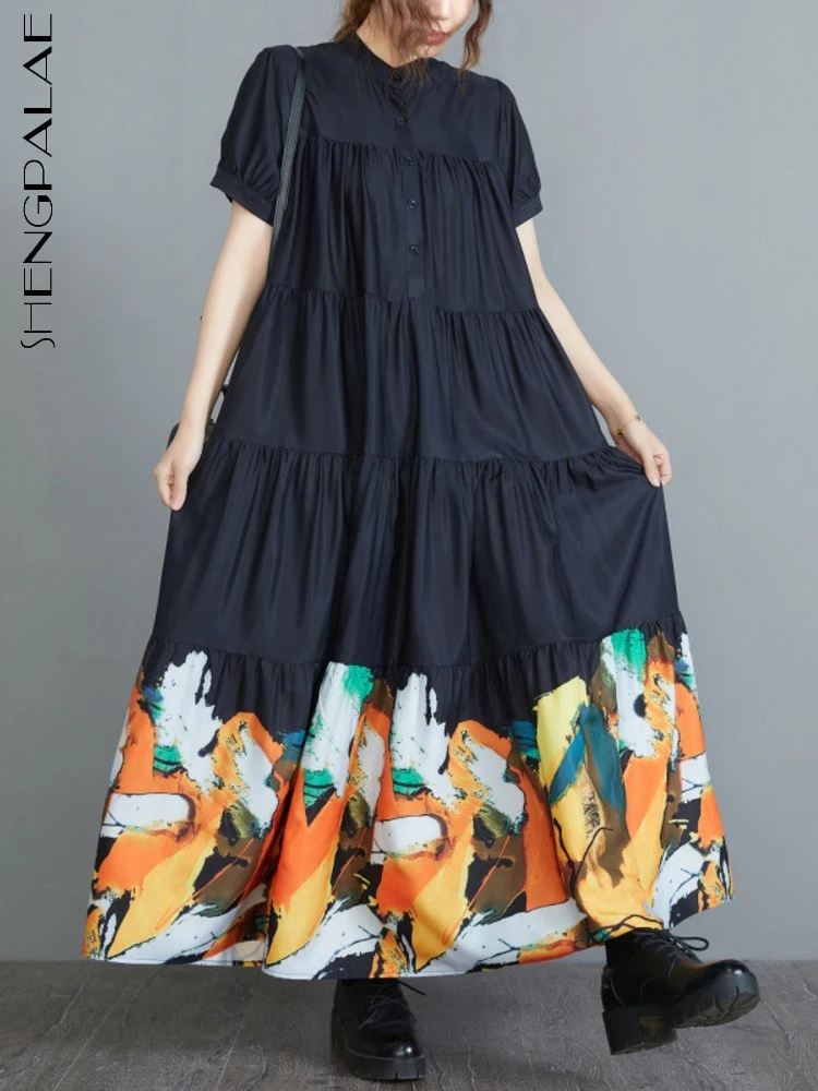

SHENGPALAE женское платье трапециевидной формы с принтом, свободное Повседневное платье с воротником-стойкой и коротким рукавом черного цвета, ...