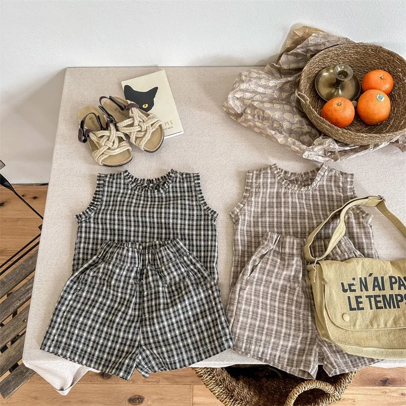 

Детская Повседневная футболка без рукавов, пуловер, жилет, простые мягкие клетчатые топы, свободные хлопковые шорты, детский тонкий костюм для девочек, новинка, высокое качество