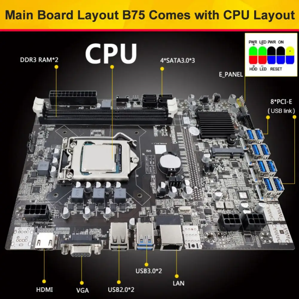 

Материнская плата B75 с поддержкой USB 2 * DDR3 B75 USB BTC, материнская плата B75 BTC для майнинга + процессор G1620 + кабель SATA + кабель переключателя LGA1155 8 * ...