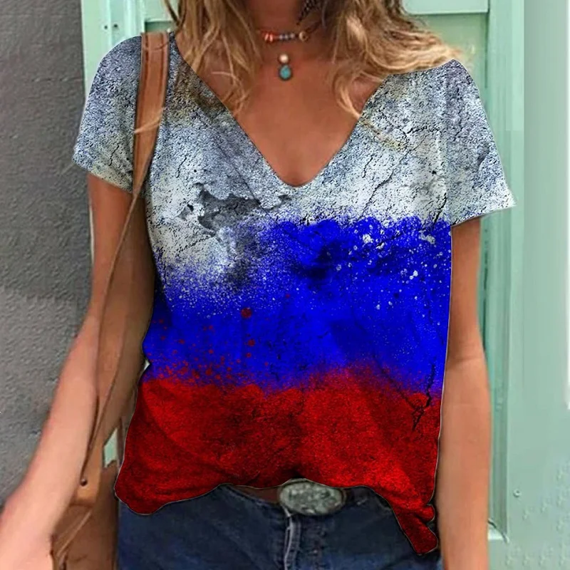 Summer 2023 Digital Print American Flag Women's V-neck 3D Oversized Size Casual Comfortable Sports Short sleeves