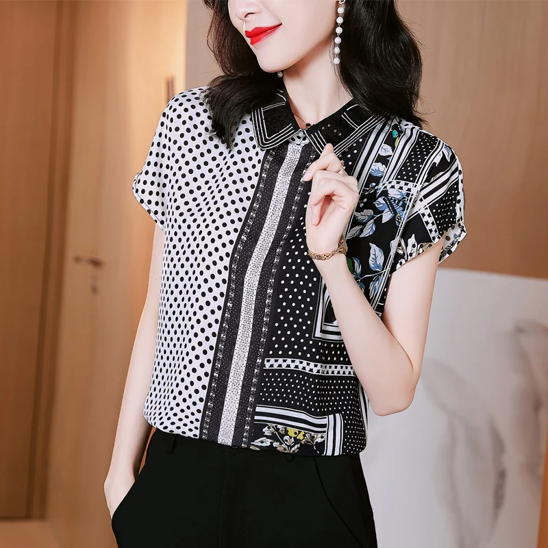 

Poplin Women's Shirt New Fashion Casual Short Sleeve Top Polka Dot Stitching Polo-collar Summer Blouse