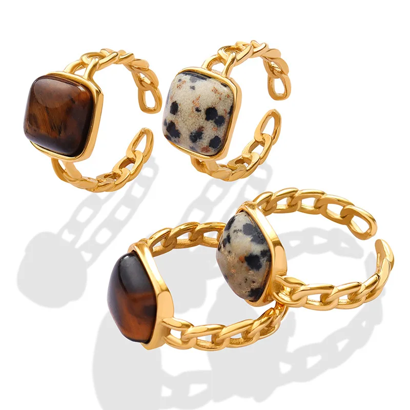 Amaiyllis 18K Gold Vintage Natural Stone Tiger Eye Inlay Open Ring Statement Index Finger Ring Jewelry Accessories