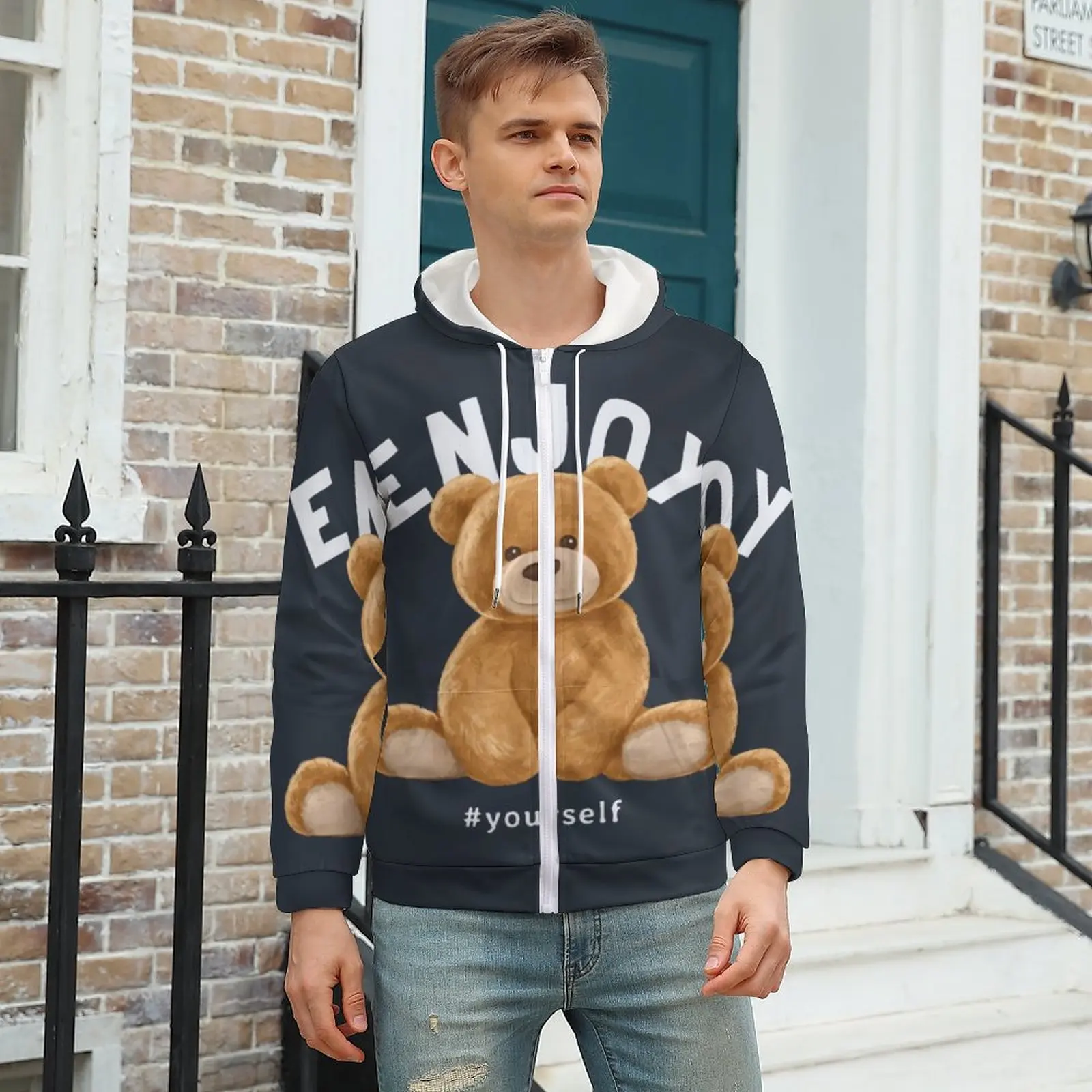 

Cute Bear Hoodies Enjoy Yourself Polyester Zip Up Hoodie Streetwear Winter Hoodie Oversized