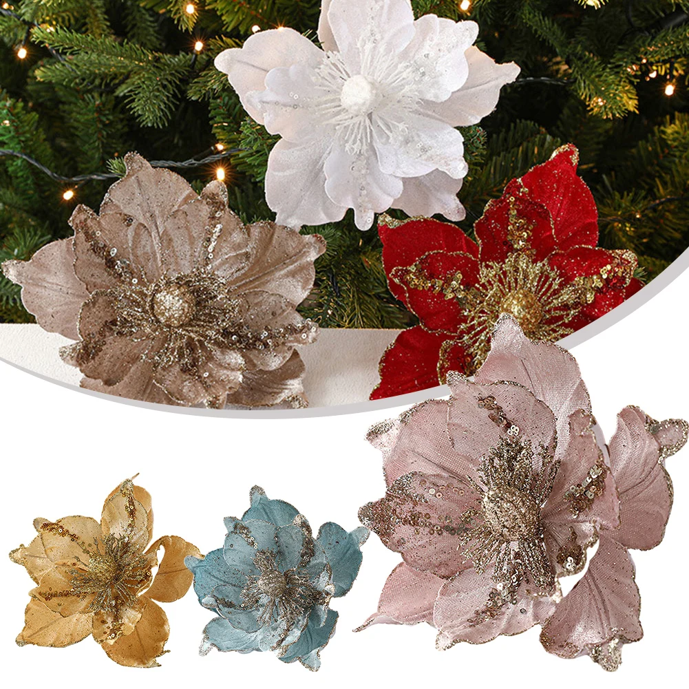 

Christmas Poinsettia Glittering Flower Decorations 2023 For Xams Tree Wreath Hanging Pendant For Home Party Fireplace Decor