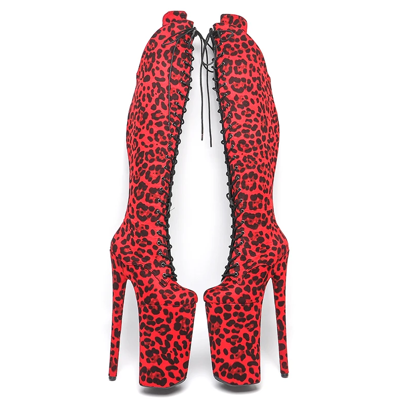 Leecabe  26CM/10inches  red color Leopard with black color patent  sexy exotic High Heel platform party shoes Pole Dance boot