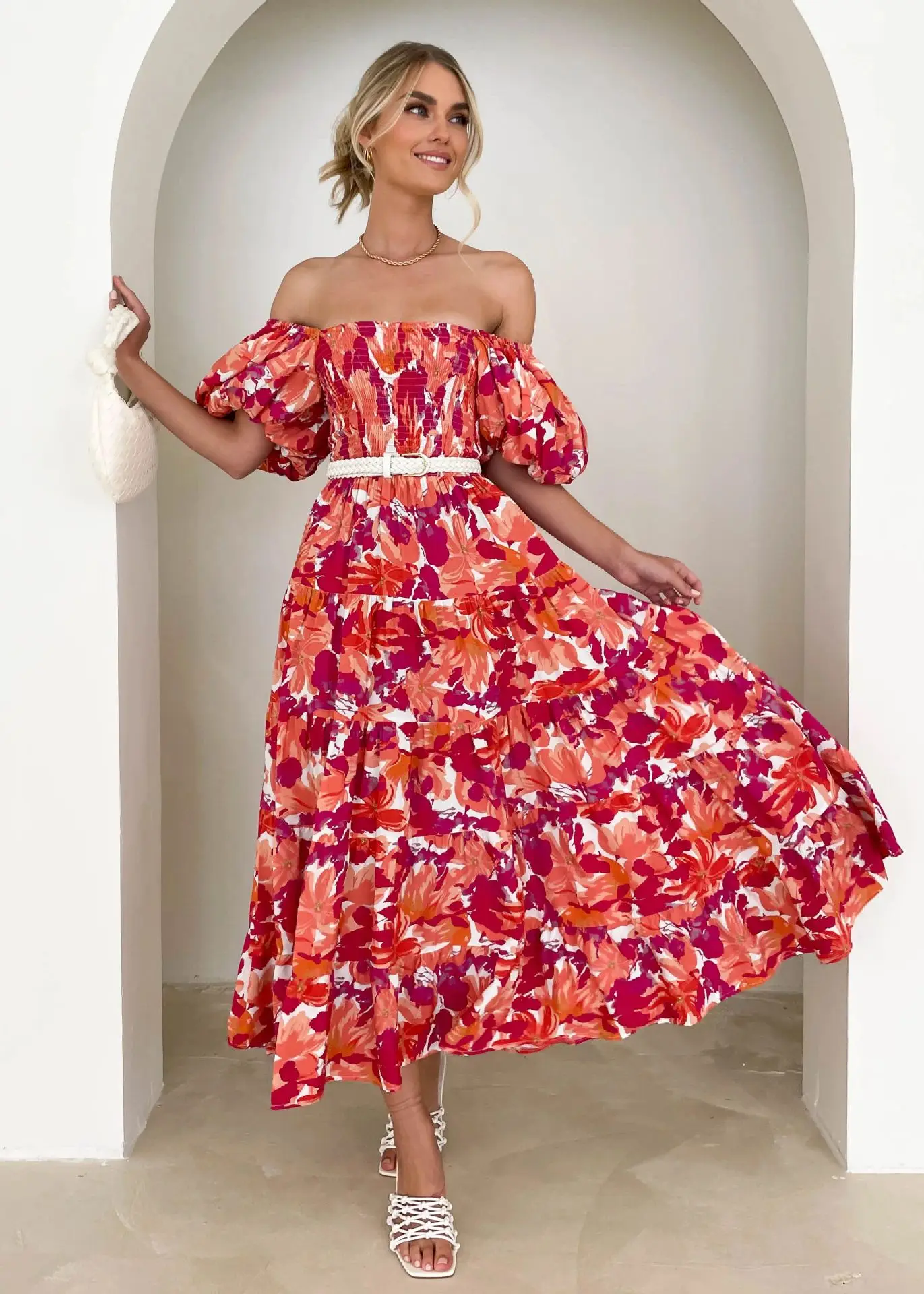 

Women’s Off Shoulder Suspender Dress Party Summer Ladies Short Sleeve Split Mid-length Dress Floarl A-Line vestidos de mujer