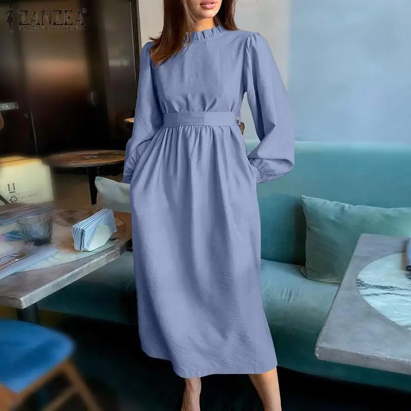 

Oversized Women Party Dresses Vestidos Casual Solid Puff Sleeve Belted Waist Midi Dress ZANZEA 2022 Spring A-line Sundress Robe