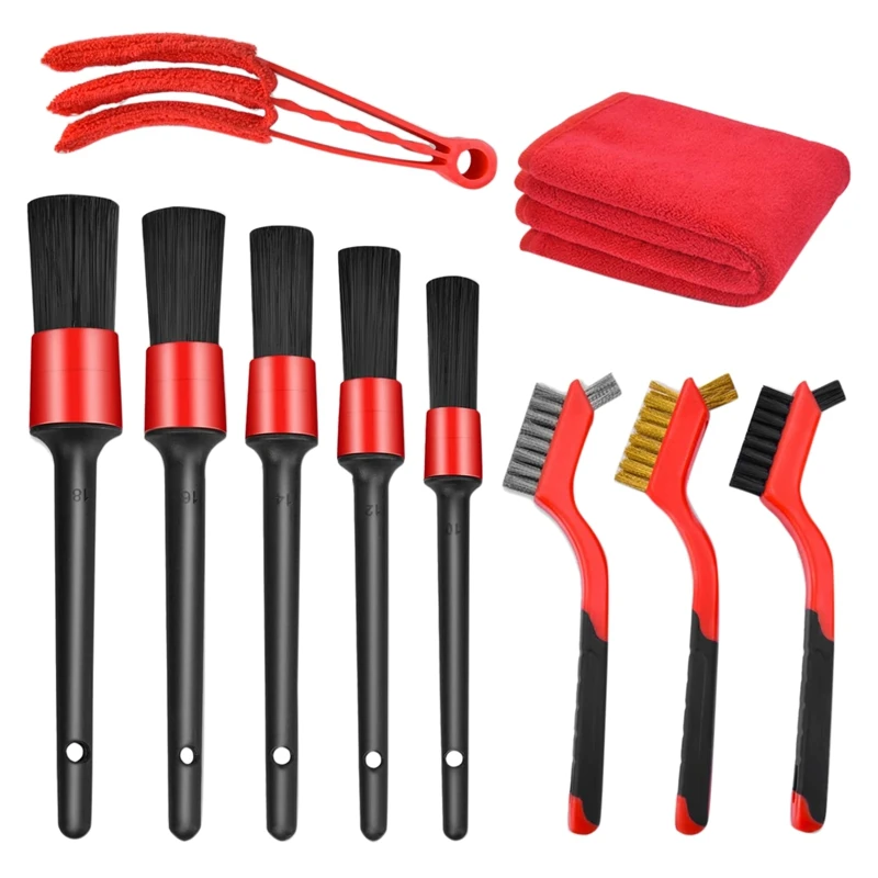 

10 Pcs Car Detailing Brush Set Including Detail Brush Wire Brush Air Conditioner Brush and Towel for Cleaning Car
