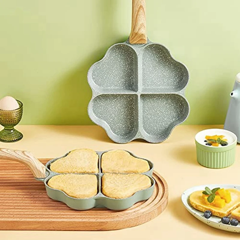 

Heart Shape 4 Egg Frying Pan Four Leaf Clover Nonstick Ceramic Egg Pan Mini Egg Poacher Non Stick Aluminum Skillet Green
