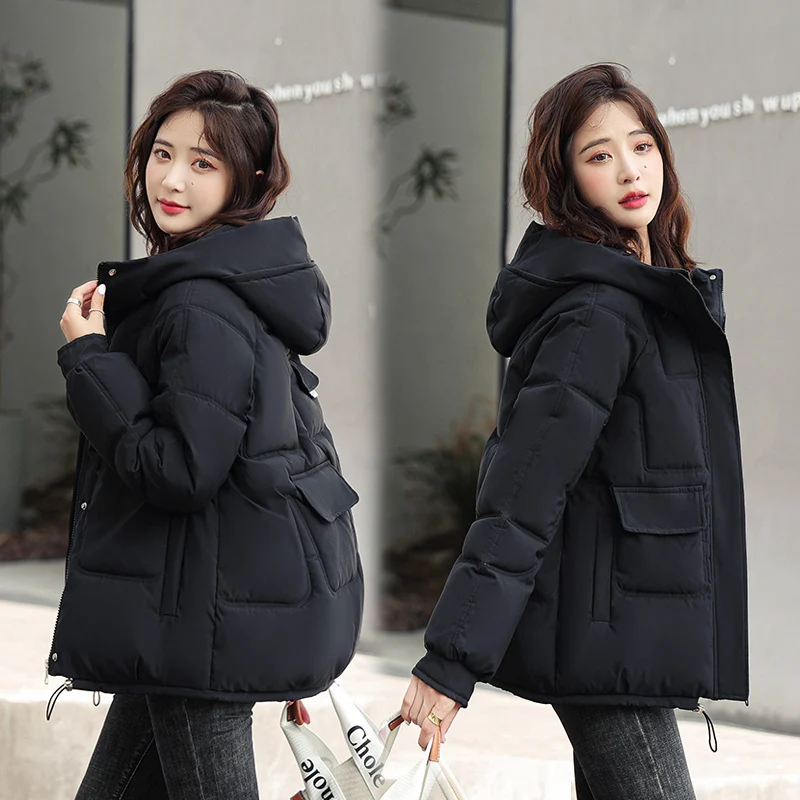 Women Fashion Short Loose Thick Hooded Jacket Cotton-Padded 2023 Winter Long Sleeve Parkas Female Warm Oversized Solid Coat