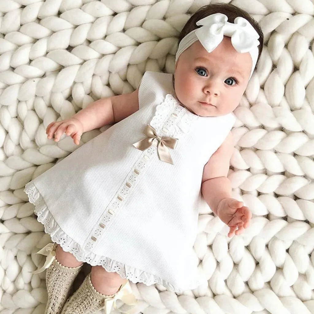 

Newborn Baby Girl Dress Sleeveless Casual Maxi Bow Dress+Headband Set outfit Bowknot Ruffle White Clothes Baby Summer Dress