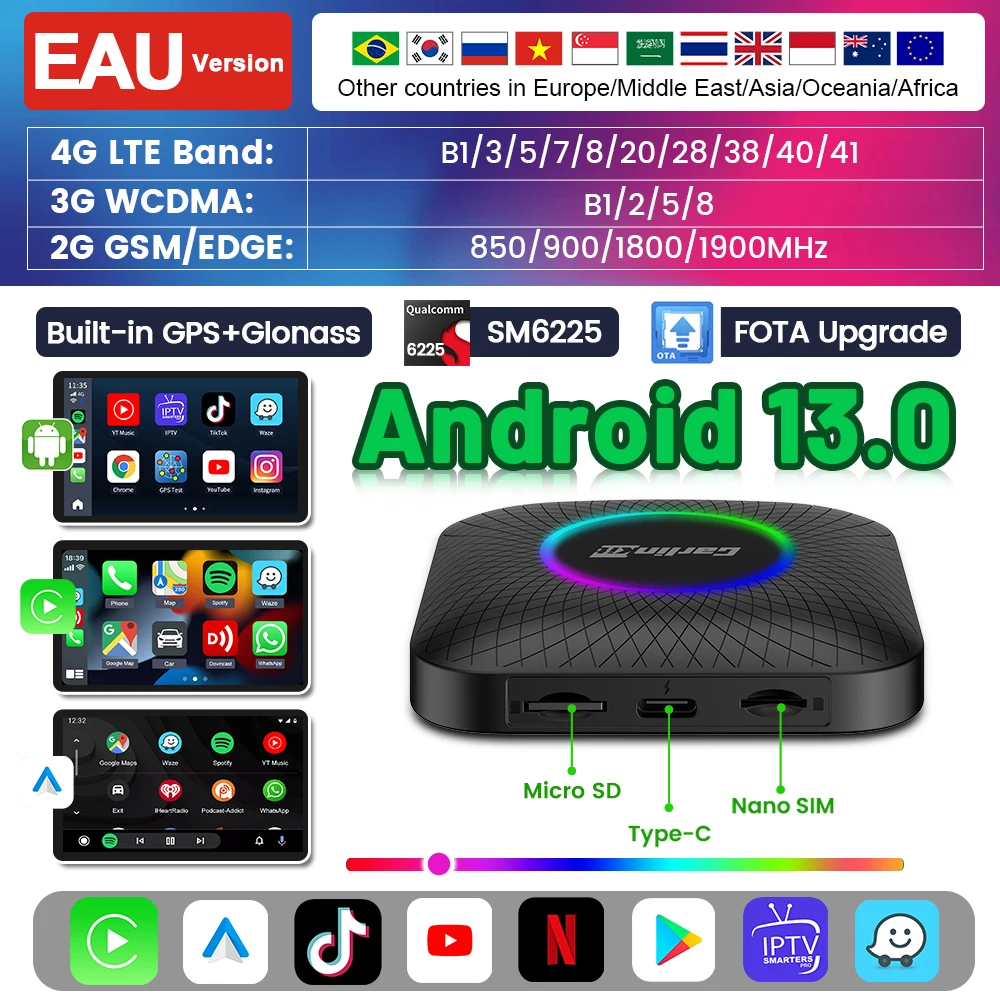

Carlinkit Ai Box Android 13 светодиодный беспроводной Android Auto и CarPlay Smart TV Box QCM6225 Поддержка Youtube Netflix Автомобильные аксессуары