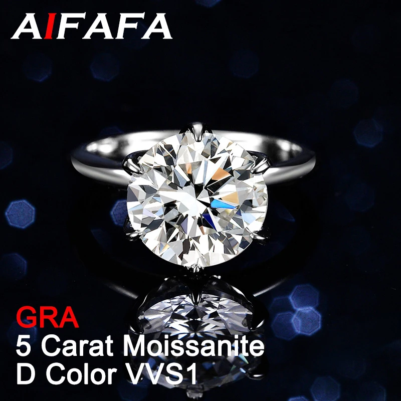 

AIFAFA 5 Carat Real Moissanite Ring For Women 6 Prongs 925 Silver D Color Round Excellent Cut Diamond Top Quality Fine Jewelry