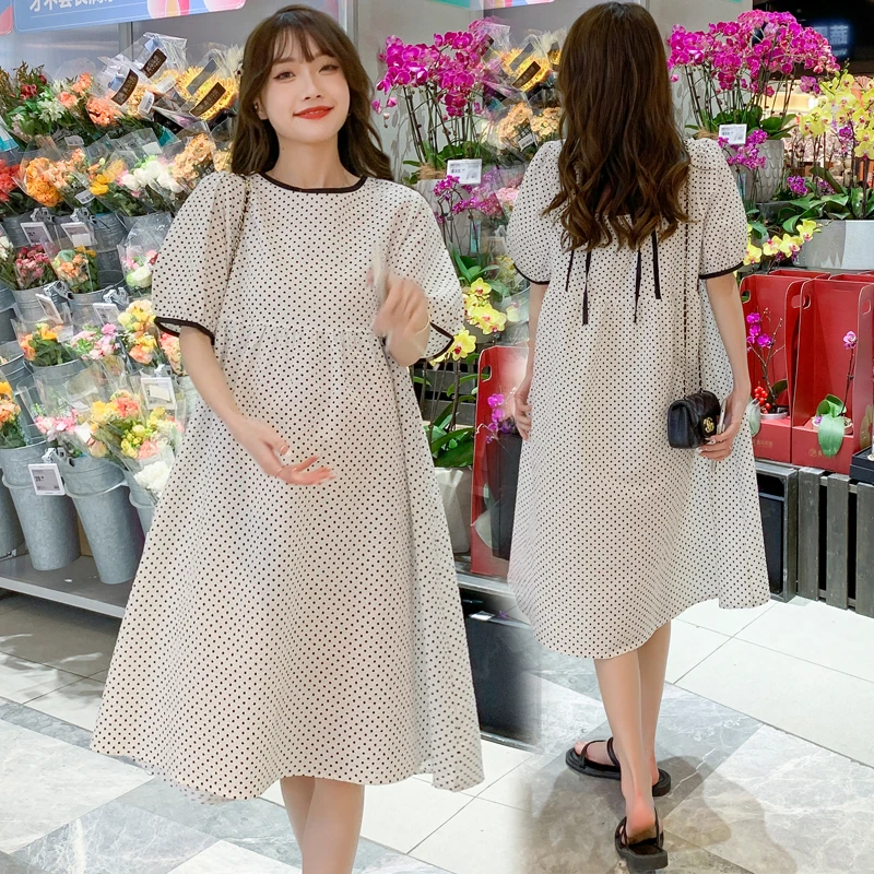 

A238 #2022 летнее корейское модное платье в горошек для беременных Милая элегантная трапециевидная тонкая одежда для беременных женщин Одежда ...