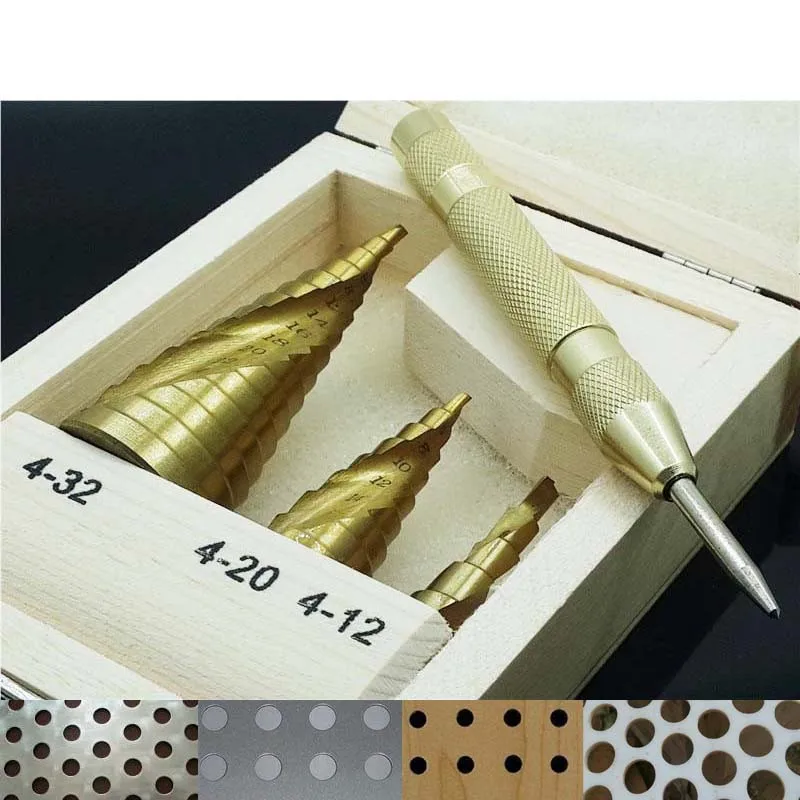 

HSS Titanium Nitrogen Spiral Grooved Metal Step Drill Set Hole Cutter Wood Cone Core Drilling Saw Tools Bits Box+Center Punch
