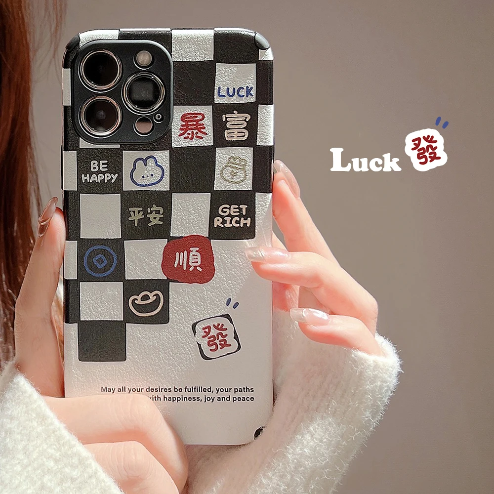 

Rich Black White Checked Leather Phone Case for iPhone 14 12 13 11 Pro ProMax Mini Plus X XR Xsmax Shockproof Soft Phone Cover