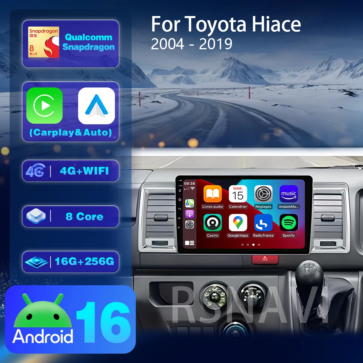 Фото Автомагнитола Android 16 с беспроводным CarPlay для Toyota Hiace 2015-2018, GPS-навигация, мультимедиа, Bluetooth, Plug and Play, Snapdragon №1